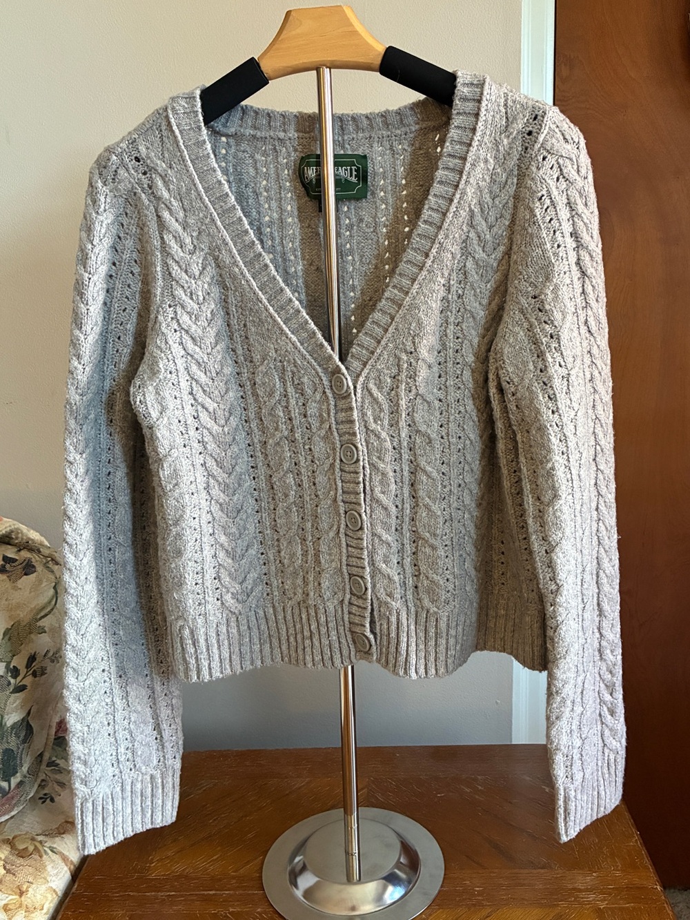 Grey Cable Knit Cropped V-Neck Cardigan Sweater